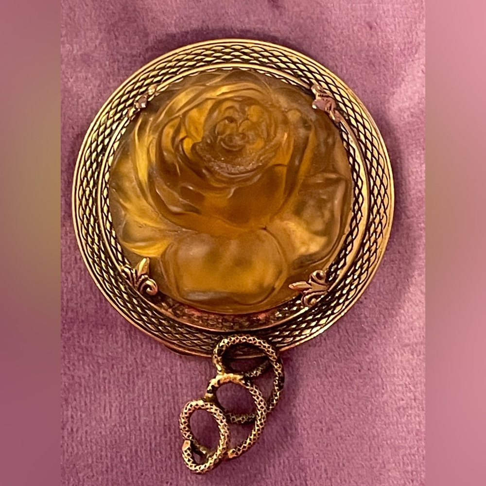 FREIRICH Brooch High Relief Amber Glass Flower Rose 1960's Vintage Designer